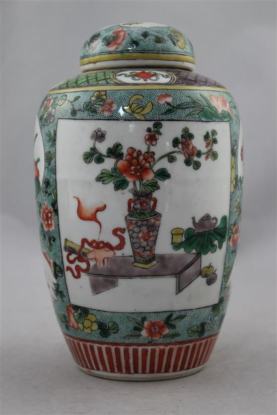 A Chinese famille verte ovoid jar and cover, late 19th century, 21cm.